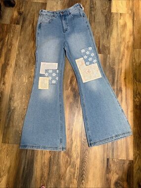 WRANGLER Billabong Women's Light Blue Patchwork Flare Jeans